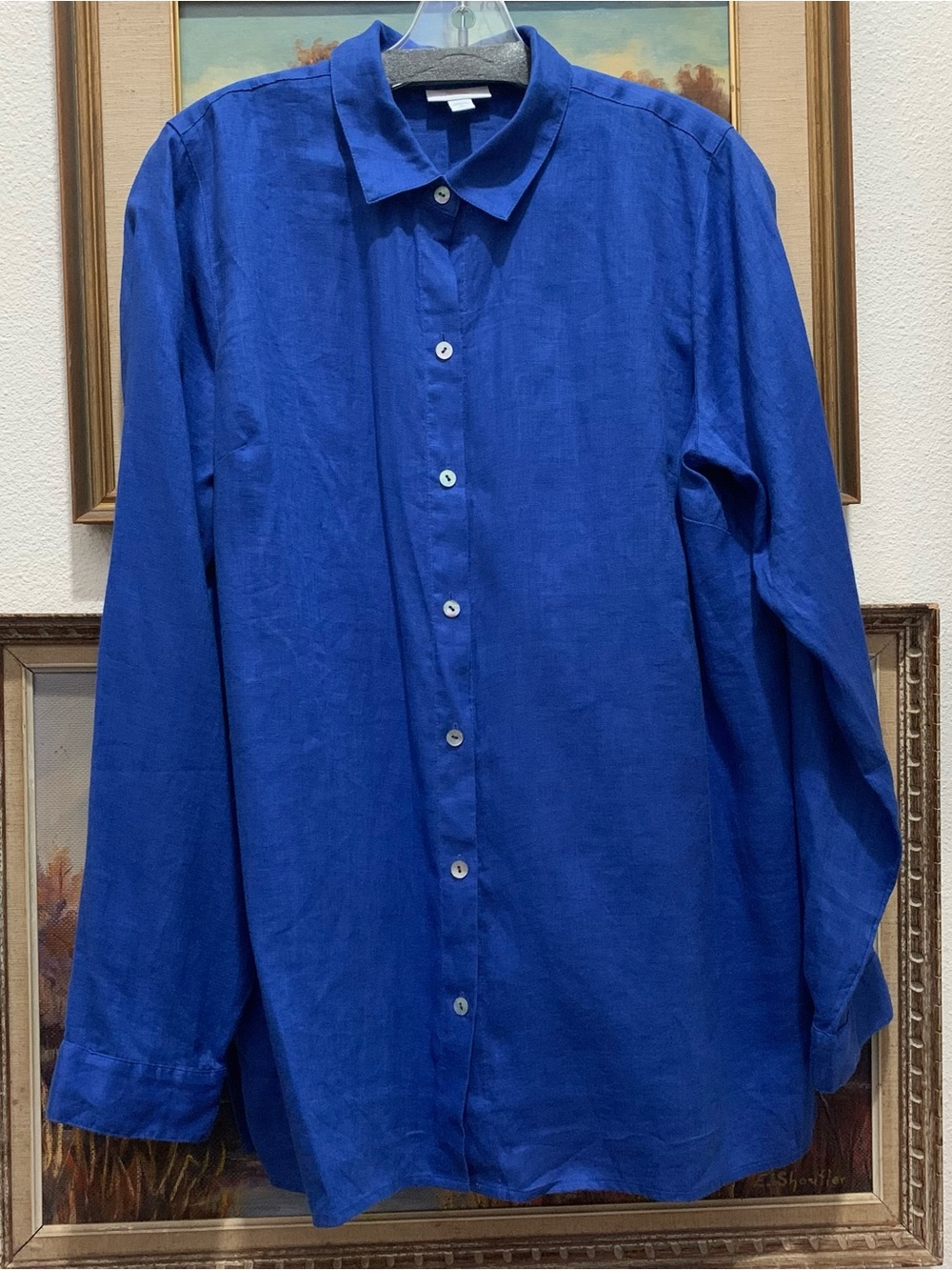 J Jill Love Linen button up blue linen shirt